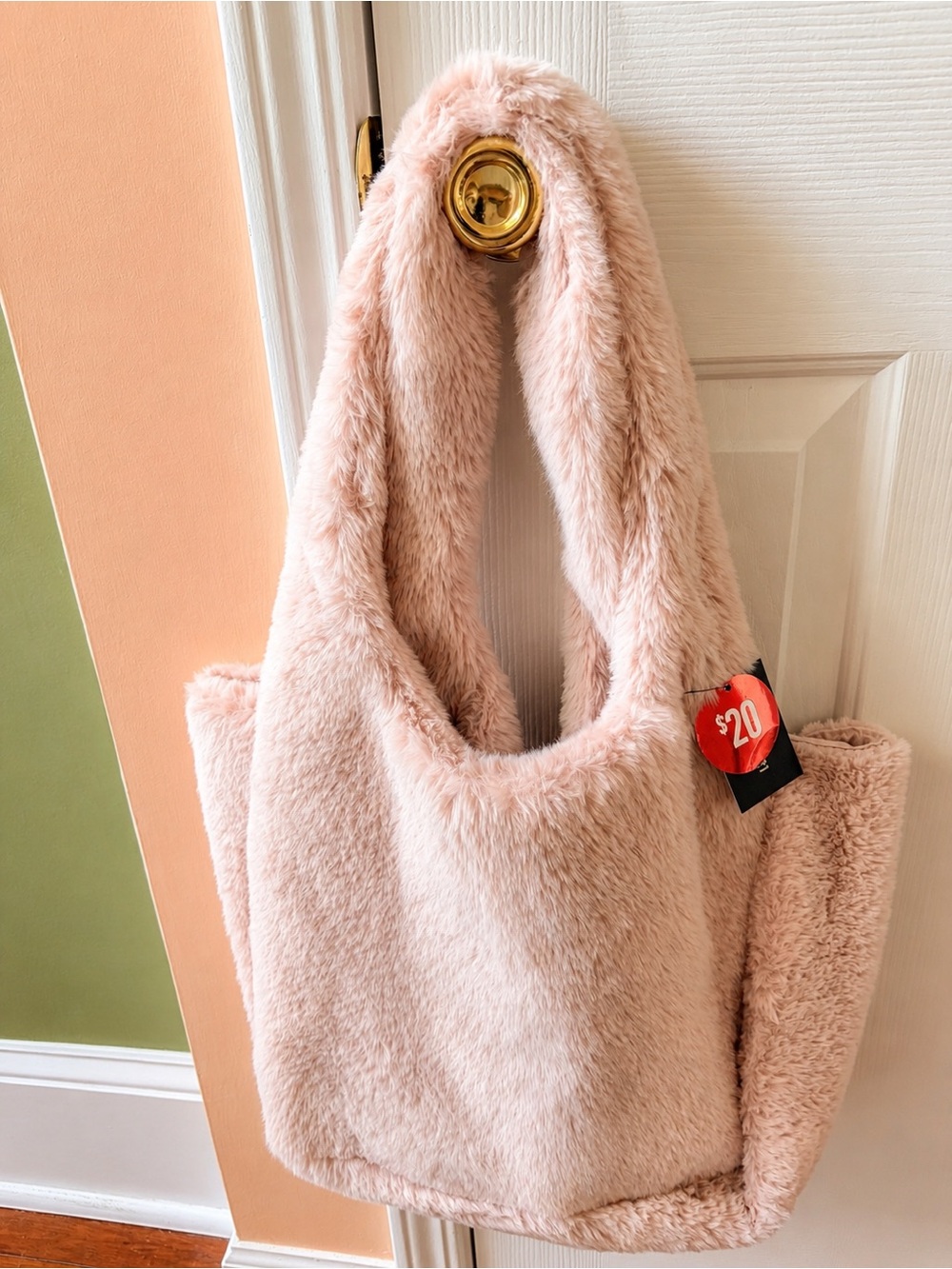 Blush Pink Faux Fur Fluffy Tote Bag Soft Cozy Shoulder Bag